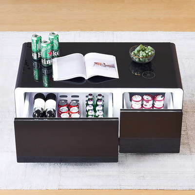 Carregamento sem fio Mesa de café moderna com mini geladeira Móveis de casa de aço inoxidável