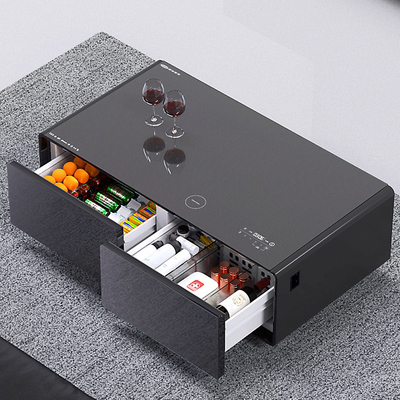 Tabela de café LED moderna e multifunção preta com frigorífico de 135L e carregador de telefone