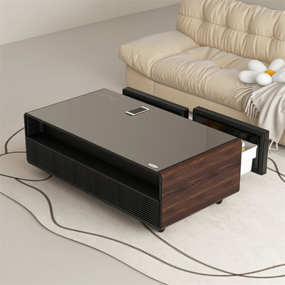 Mesa de café inteligente com portas USB duplas e geladeira de vidro com carregador sem fio