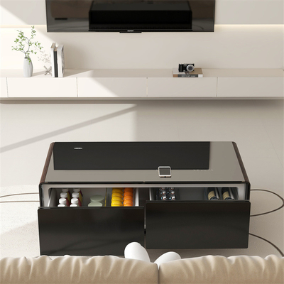 Mesa de café inteligente com portas USB duplas e geladeira de vidro com carregador sem fio