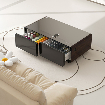 Mesa de café inteligente com portas USB duplas e geladeira de vidro com carregador sem fio