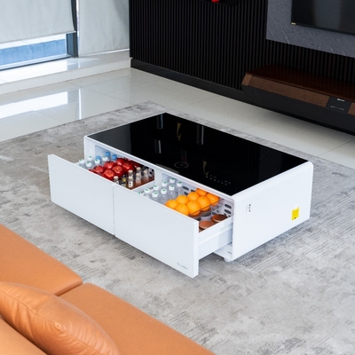 2024 Mesa de chá para sala de estar com geladeira e gavetas de armazenamento Branco/Negro/madeira