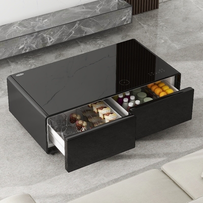 Tabela de café de estilo moderno de vidro temperado com gaveta de congelador e mini geladeira