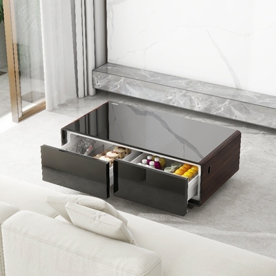 Tabela de café de estilo moderno de vidro temperado com gaveta de congelador e mini geladeira