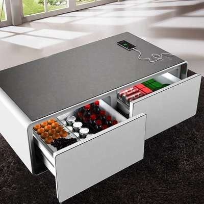 Tabela de café inteligente de poupança de energia com mini-frigerador incorporado e armazenamento de gaveta dupla