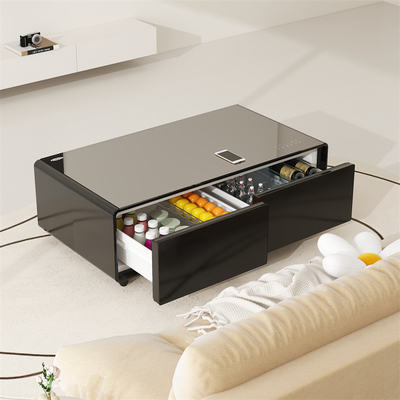 Frigorífico embutido alto-falantes Refrigerador mesa com tomadas LED vidro de metal leve moderno