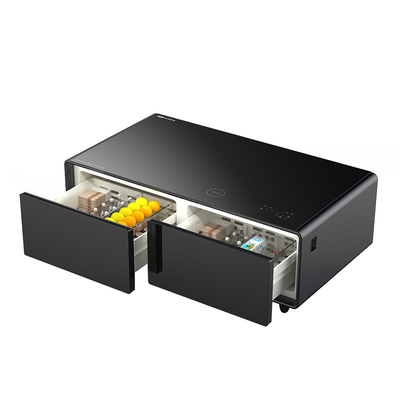 Frigorífico embutido alto-falantes Refrigerador mesa com tomadas LED vidro de metal leve moderno