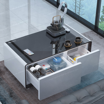 Mesa de café inteligente multifuncional com carregamento sem fio e refrigerador de compressor