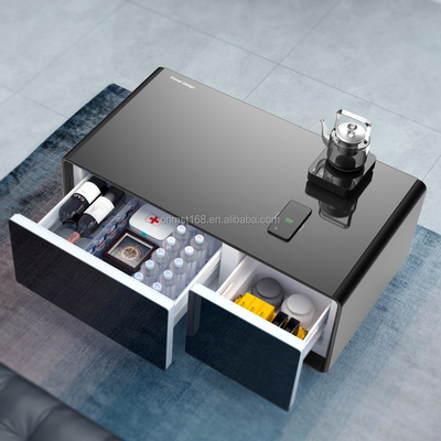 Tabela de café moderna com painel de controle LED carregador sem fio e geladeira incorporada