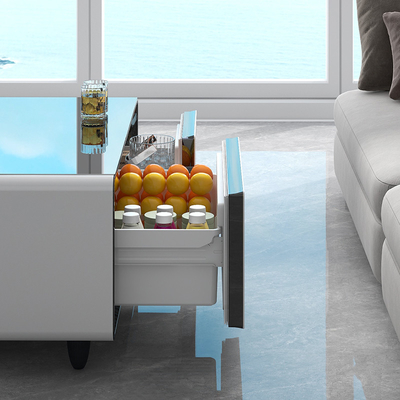 Frigorífico de mesa de café inteligente com gaveta de vidro de carregamento sem fio e mini bar