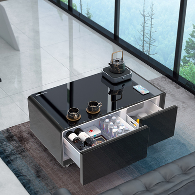 Sala de estar Mesa de café inteligente preta com pequena geladeira e carregamento sem fio