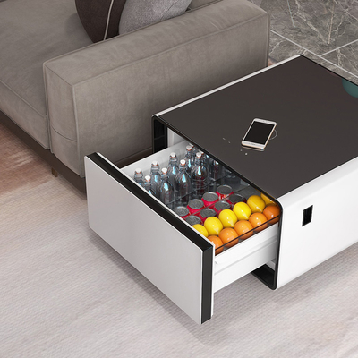 2024 Mobiliário multifuncional de mesa de café inteligente com mini geladeira e carregamento sem fio