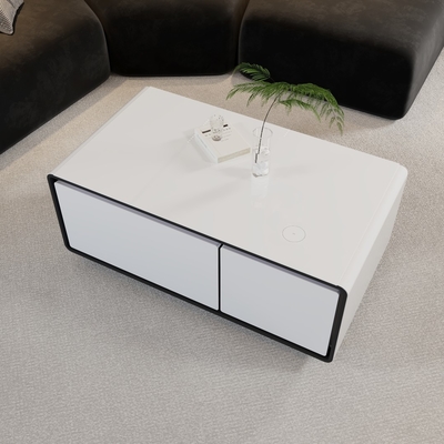 Mesa de café de móveis inteligentes com logotipo de impressão de tela de seda e 2 gavetas do frigorífico