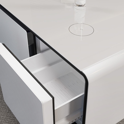 Mesa de café de móveis inteligentes com logotipo de impressão de tela de seda e 2 gavetas do frigorífico