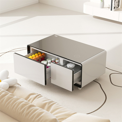 Frigorífico de carregamento sem fio moderno com gavetas refrigeradas e mesa de café inteligente