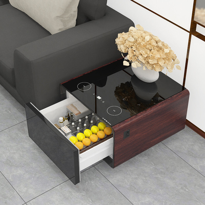Mesa de café multifuncional com armário de armazenamento de geladeira e carregamento sem fio