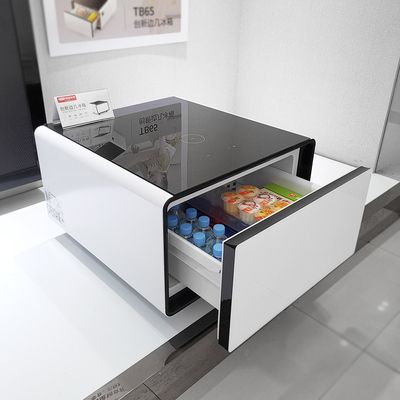 Mesa de café multifuncional com armário de armazenamento de geladeira e carregamento sem fio