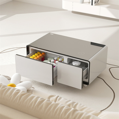 Mesa de café inteligente multifuncional com 2 gavetas do frigorífico e carregador USB sem dobragem