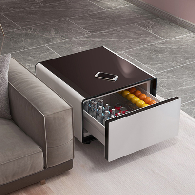 Mesa de cama inteligente com geladeira de 65L e carregamento sem fio Mesa de vidro temperado
