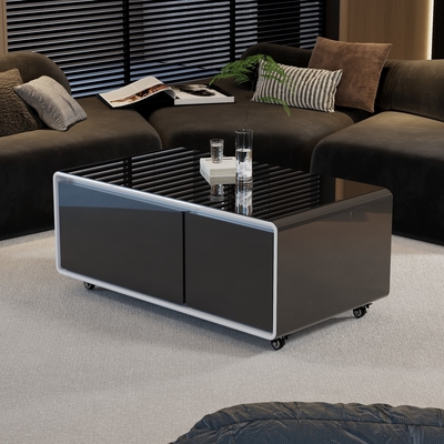 Carregamento sem fio Mesa de café moderna com mini geladeira Móveis de casa de aço inoxidável